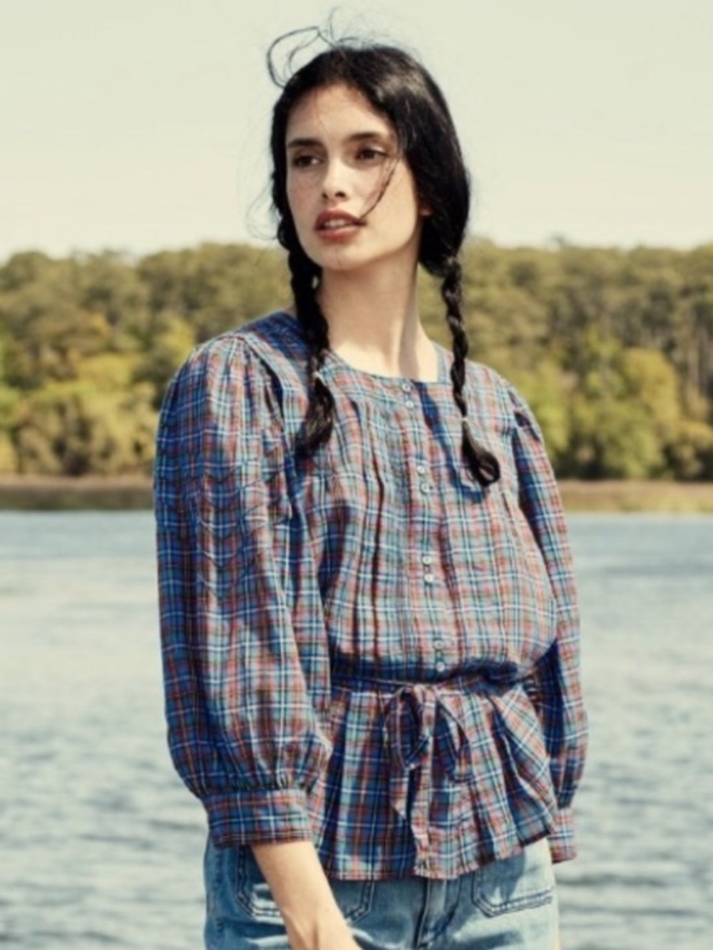 DÔEN Toulouse Top in French Plaid Blue - Size Small - Picture 2 of 11